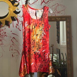 Asymmetrical Red Dress with Artistic Print Medium